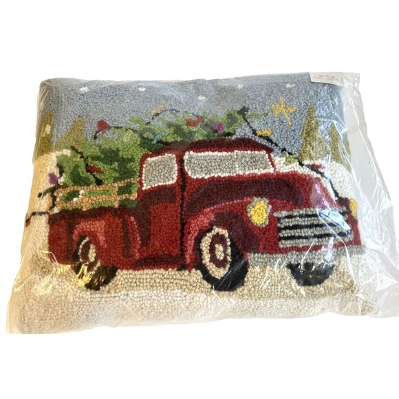 NWT Peking Handicraft Hook Pillow Holiday Christmas Theme Truck Tree Gorgeous!